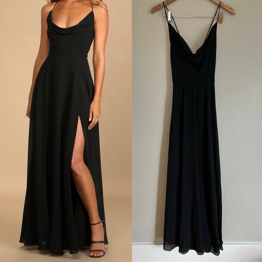 Lulus Romantically Speaking Black Cowl Lace-Up Maxi Dress